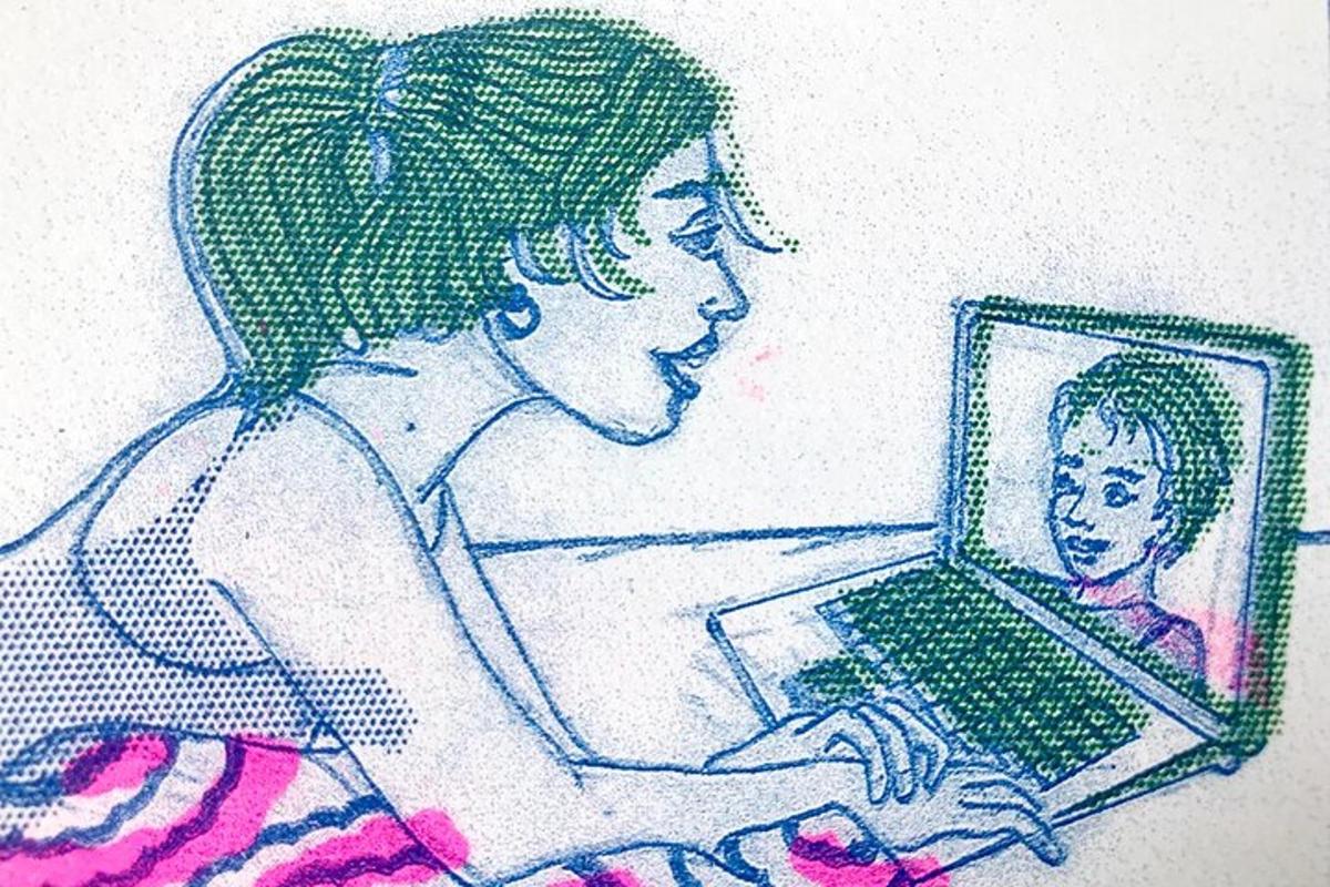 en tegning af en kvinde, der arbejder på en bærbar computer