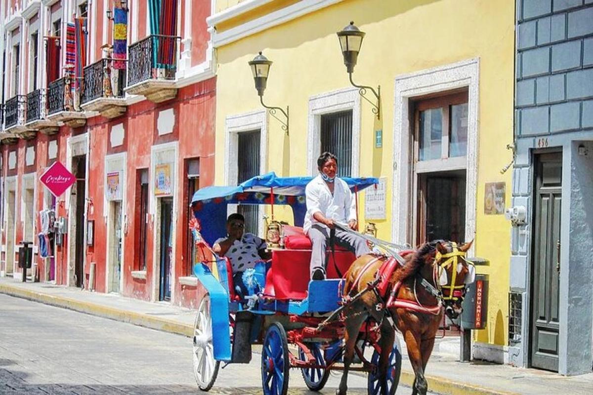 un bărbat călare pe o trăsură trasă de cai pe o stradă