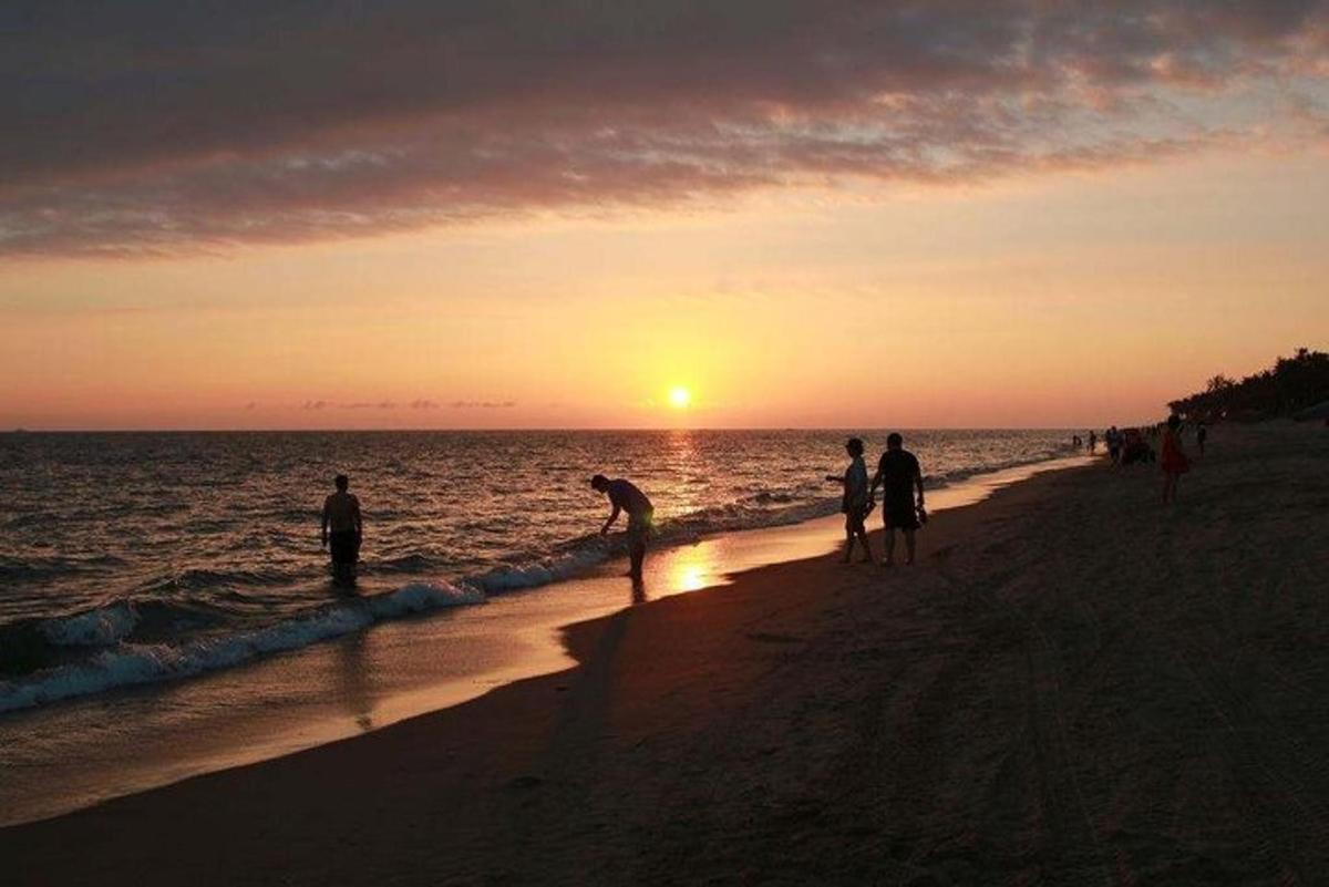 a group of people standing on the beach at sunset
