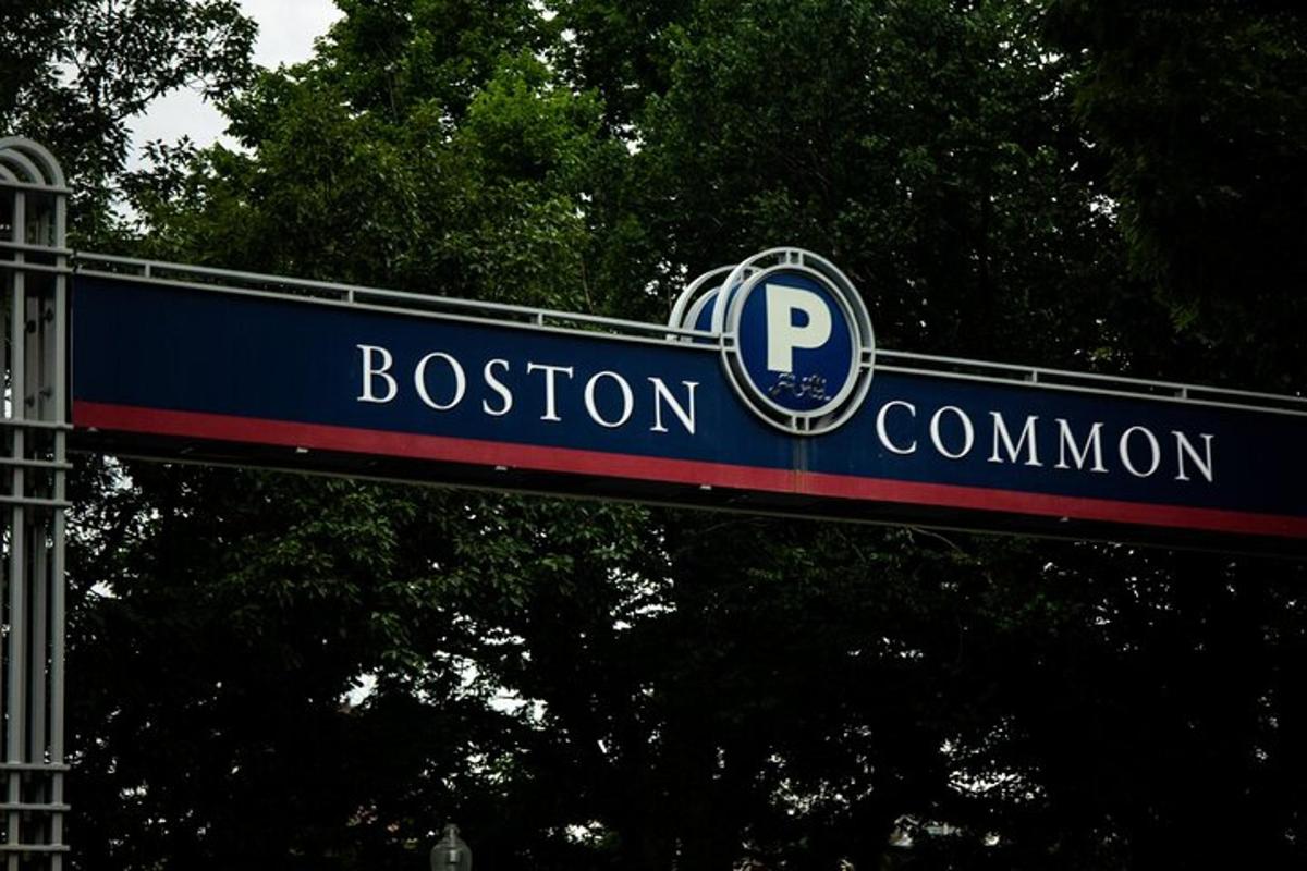 Un cartel azul y blanco para Boston Common