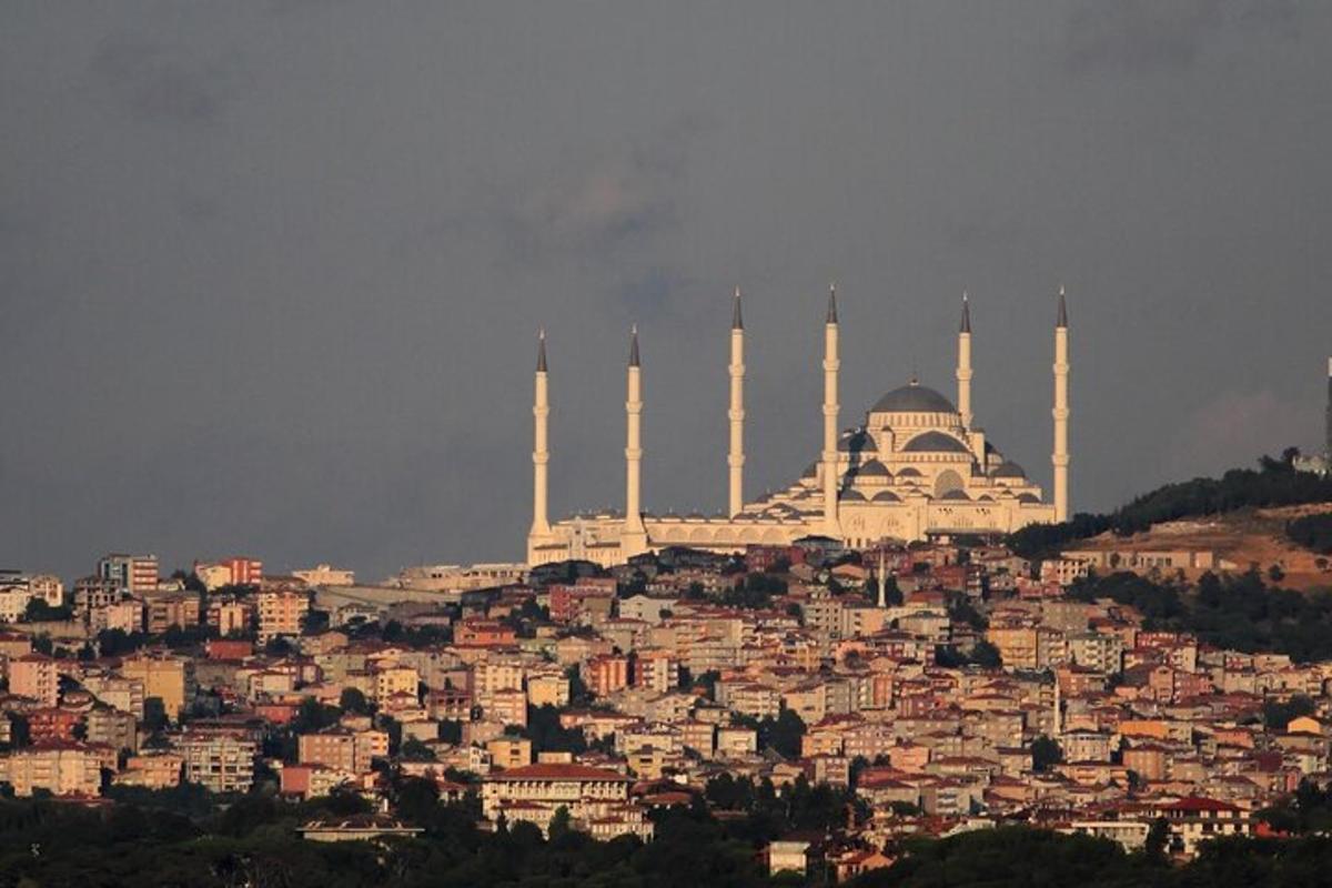 a city with a mosque on top of a hill