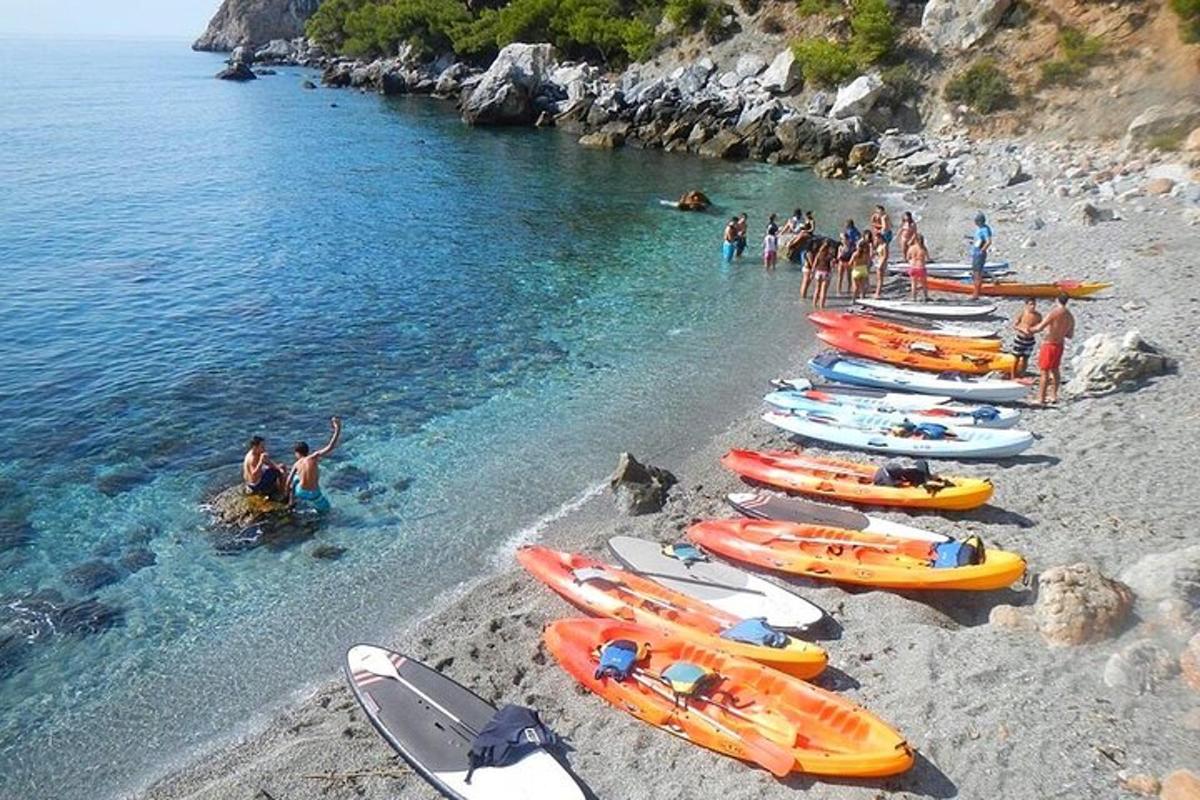 a group of kayaks lined up on a beach