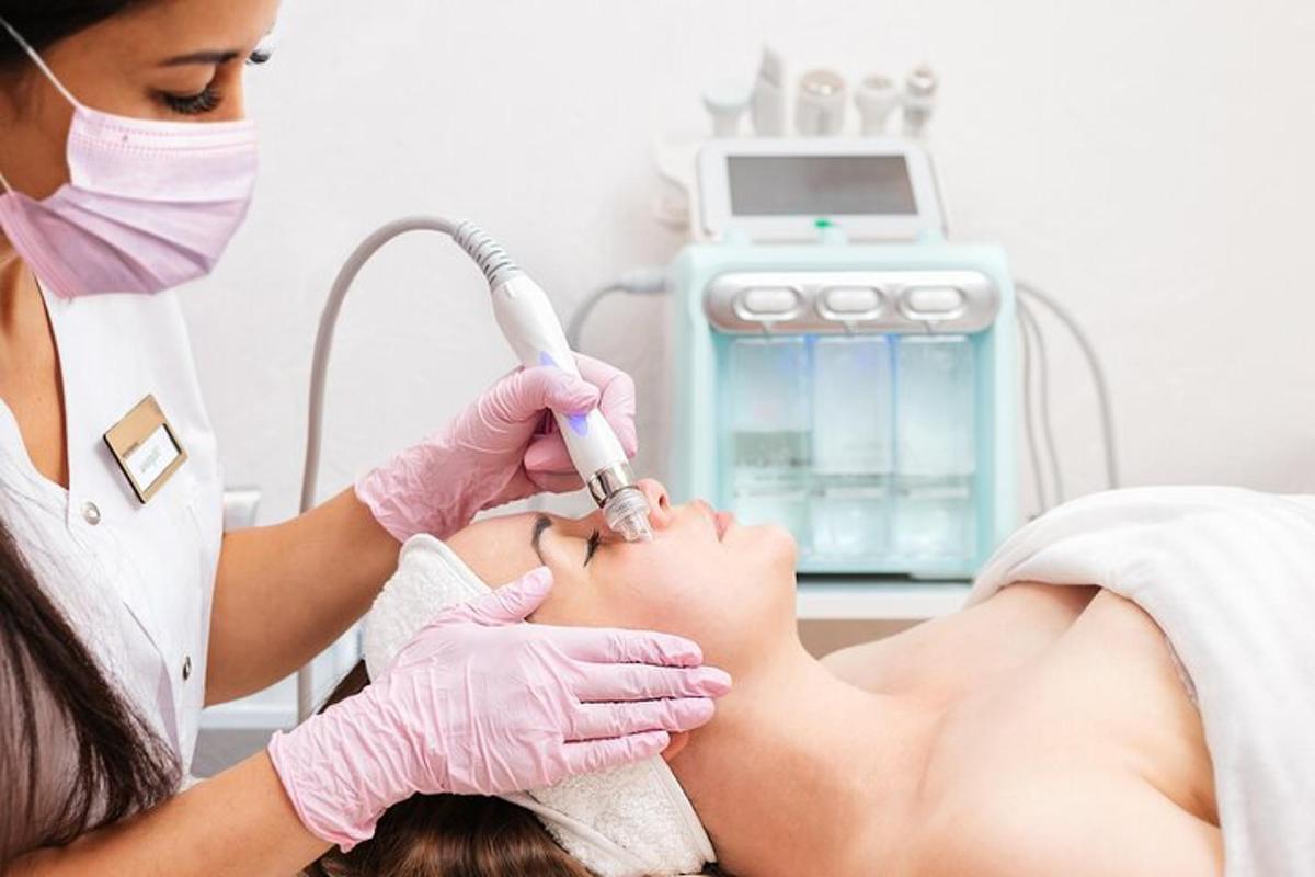 một người phụ nữ trong phòng khám đang thực hiện một thủ thuật cho bệnh nhân