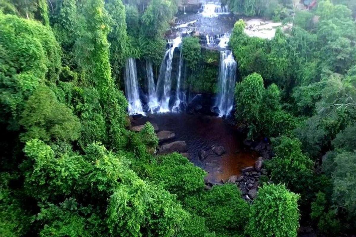 eine Luftaufnahme eines Wasserfalls in einem Wald