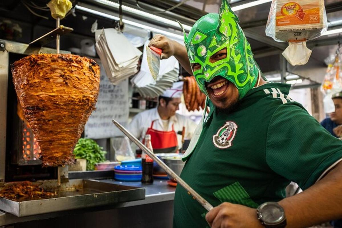 a man wearing a mask in a kitchen preparing food