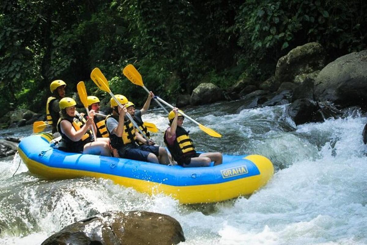 a group of people in a raft on a river