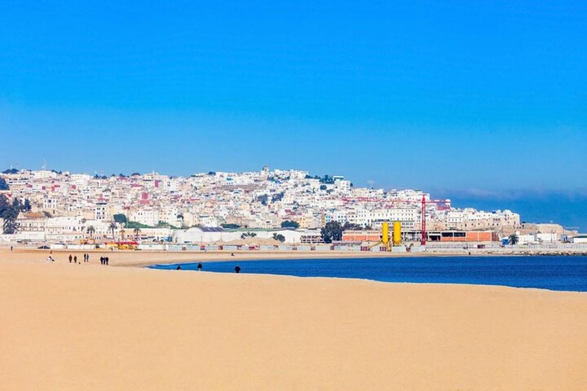 Una vista de una playa con una ciudad al fondo.