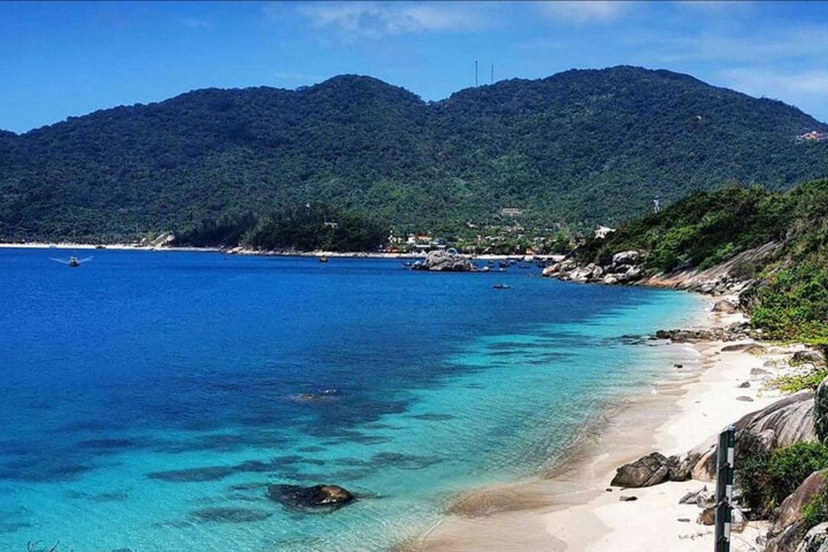 plaža z modro vodo in gorami v ozadju