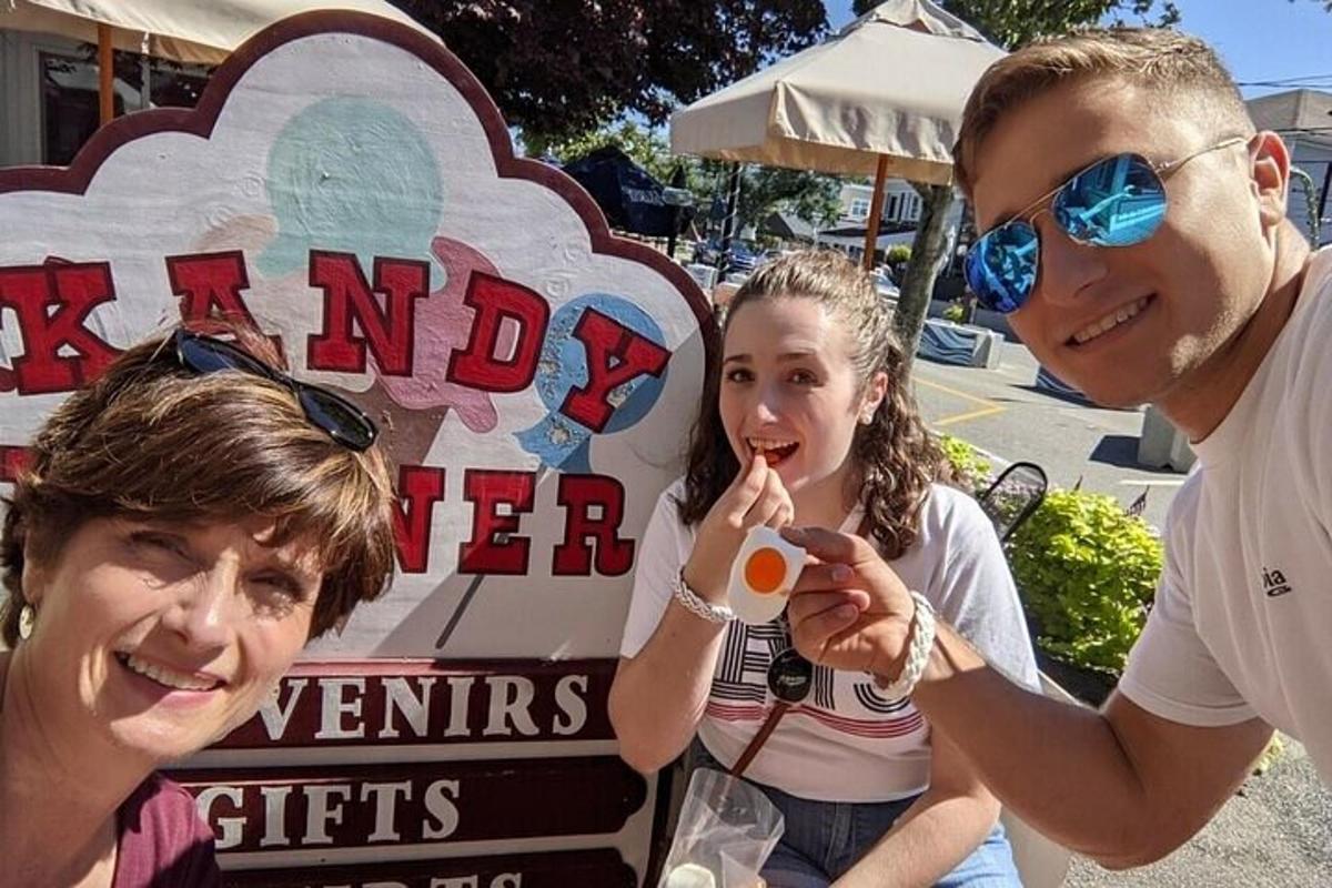 a group of people standing in front of a sign