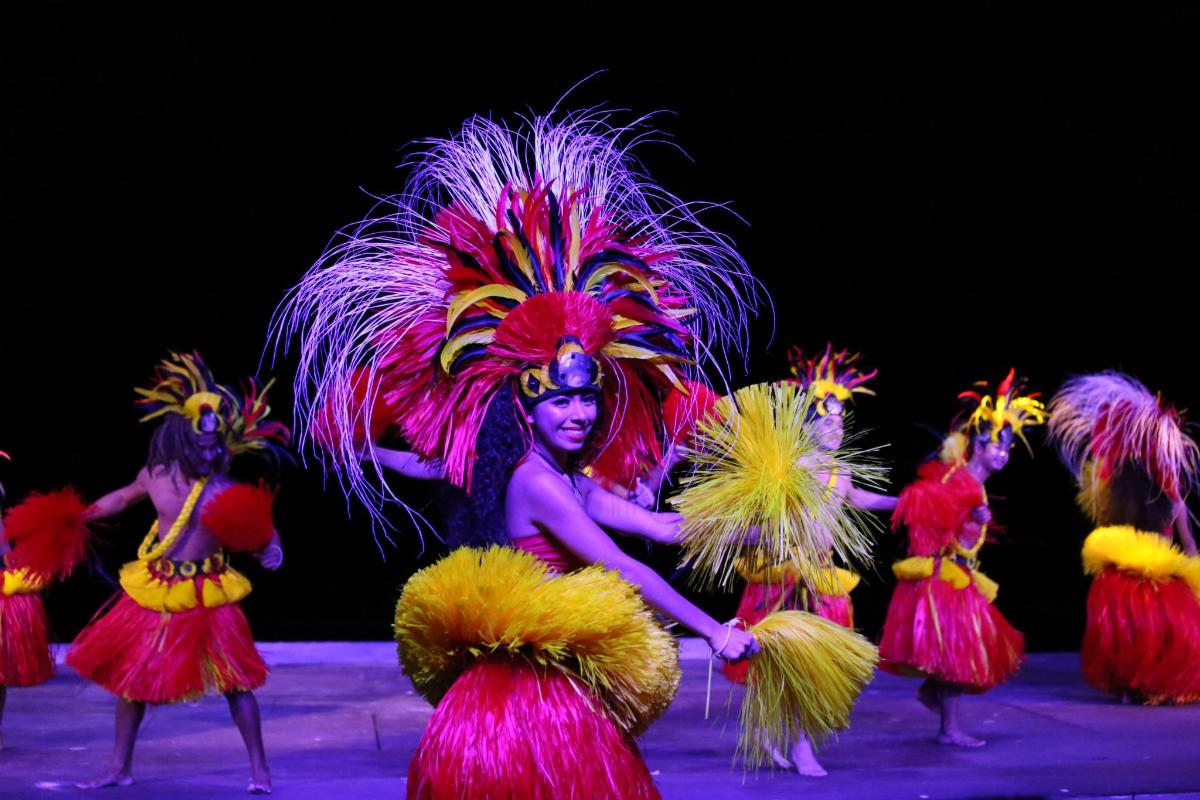 a group of dancers in colorful costumes on a stage