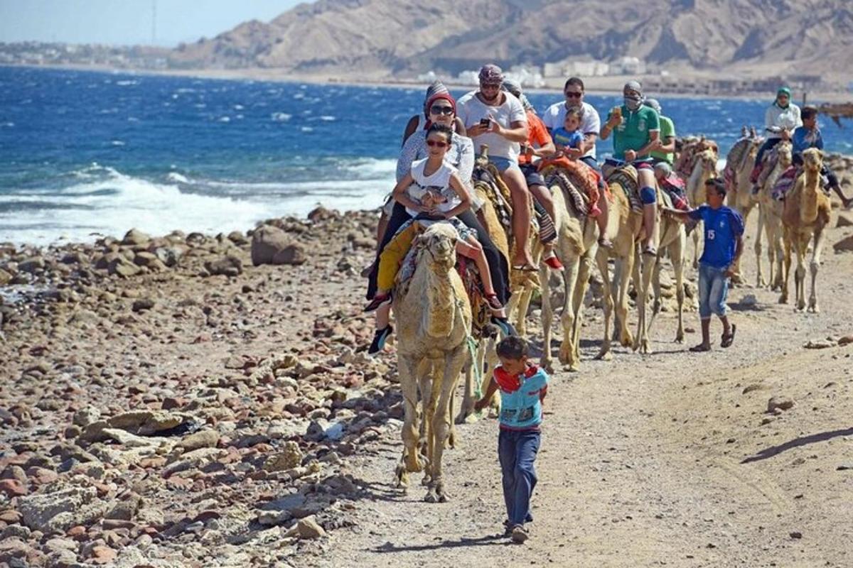 un grup de persones muntant camells a la platja