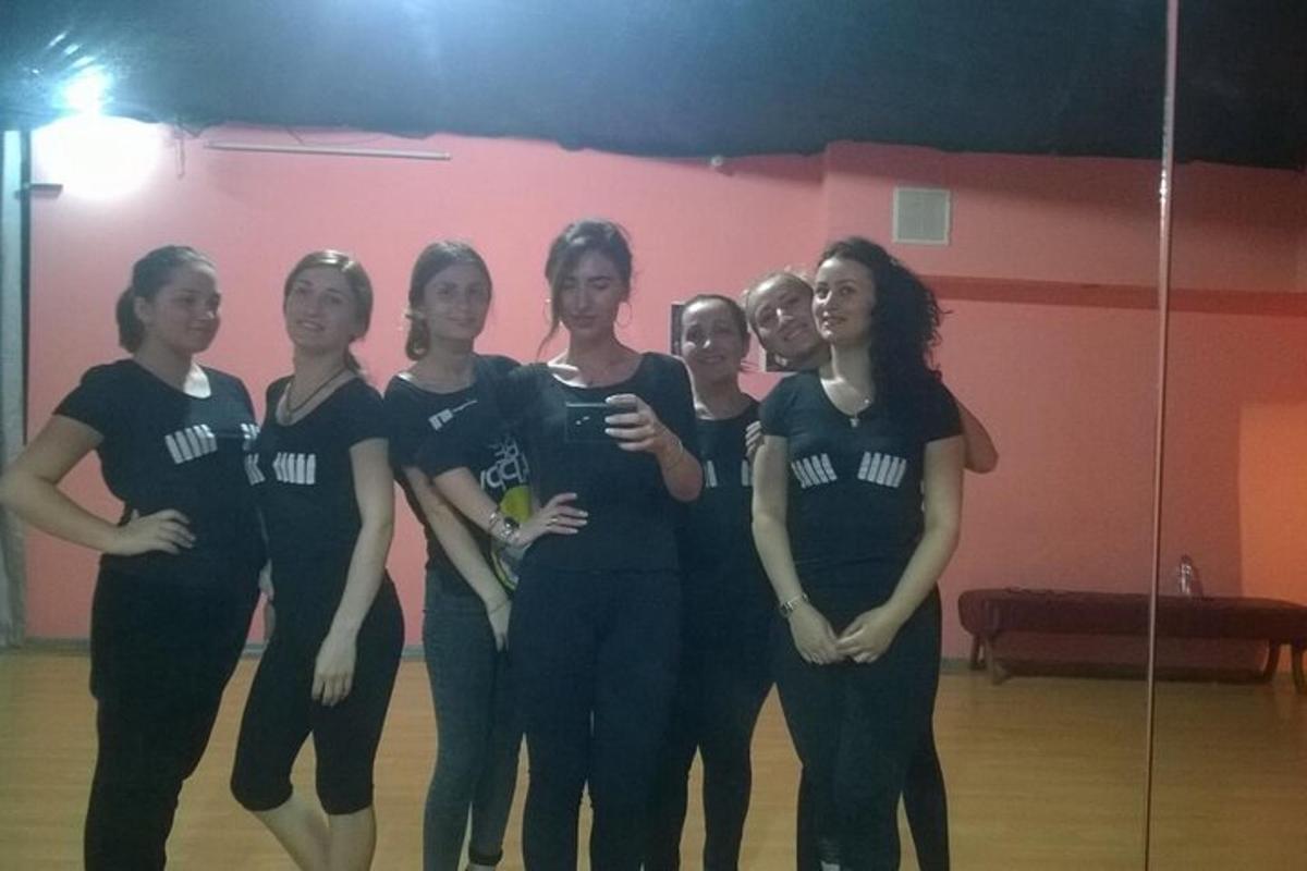 a group of women standing in front of a mirror