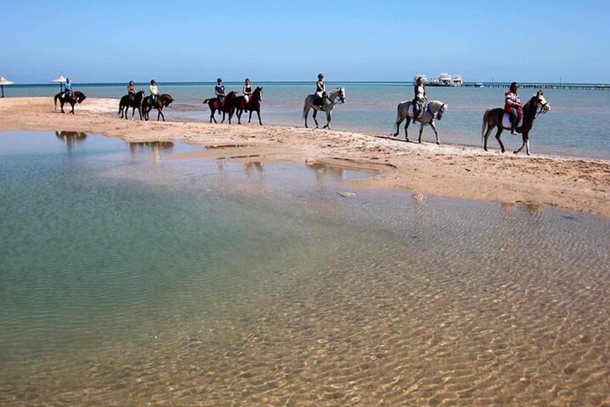 un grup de persones muntant a cavall a la platja