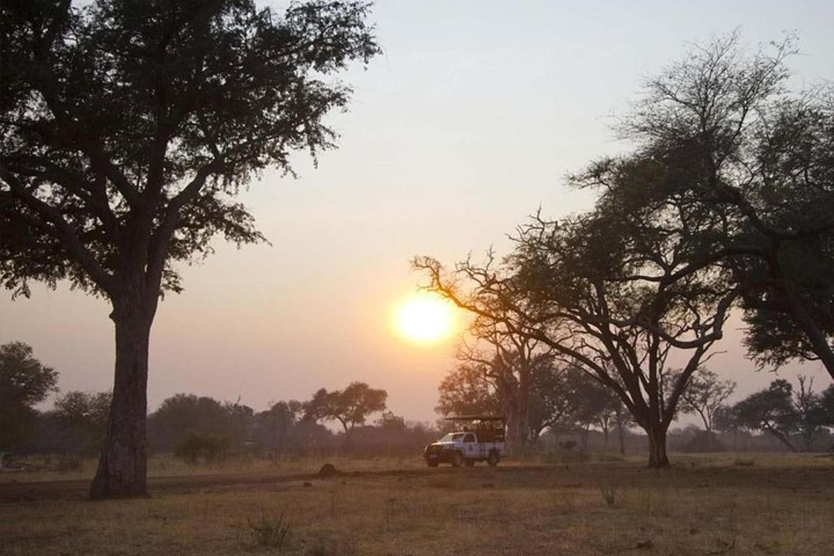 un camion parcheggiato in un campo con il tramonto sullo sfondo