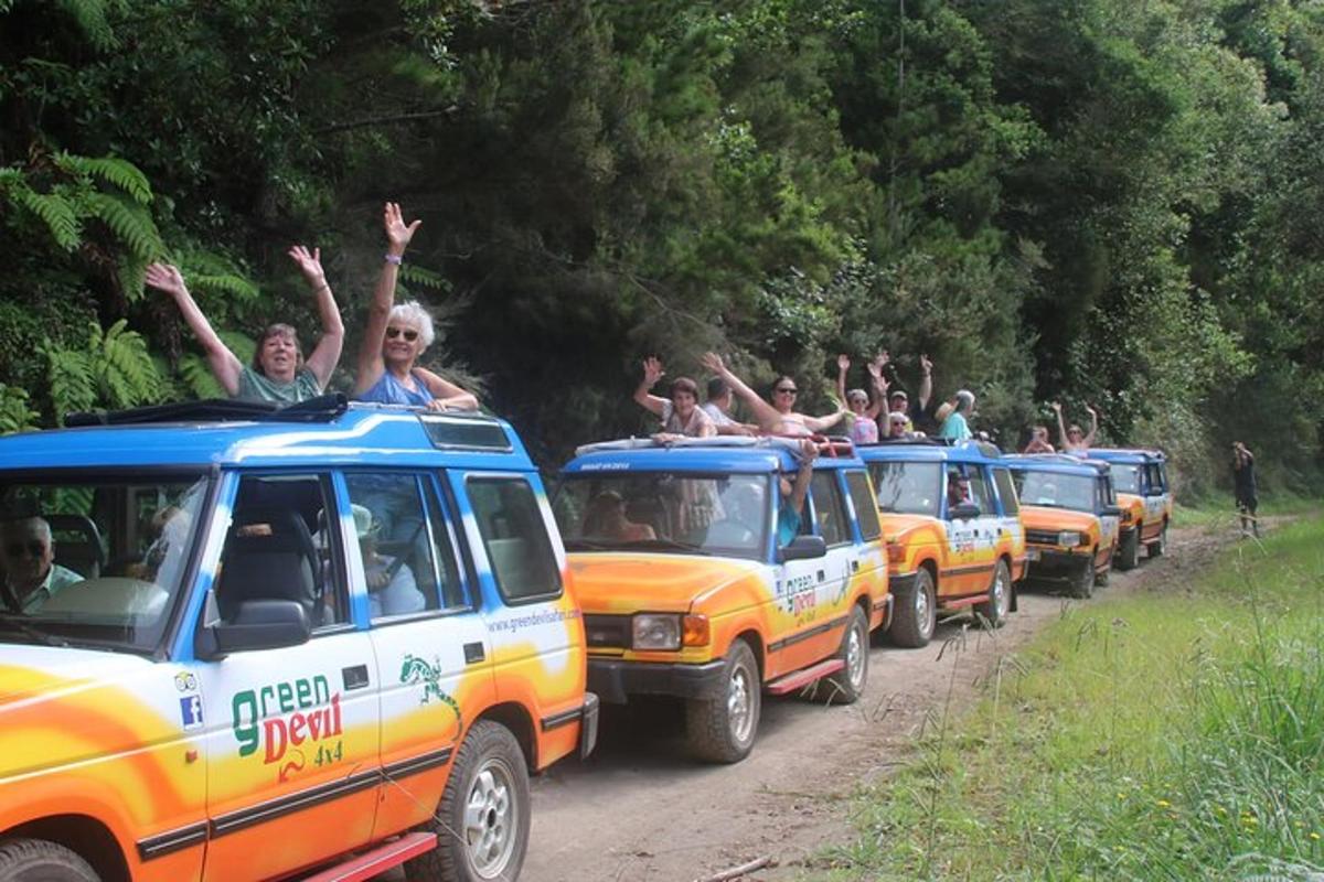 grupp inimesi oranžide veoautode tagaosas