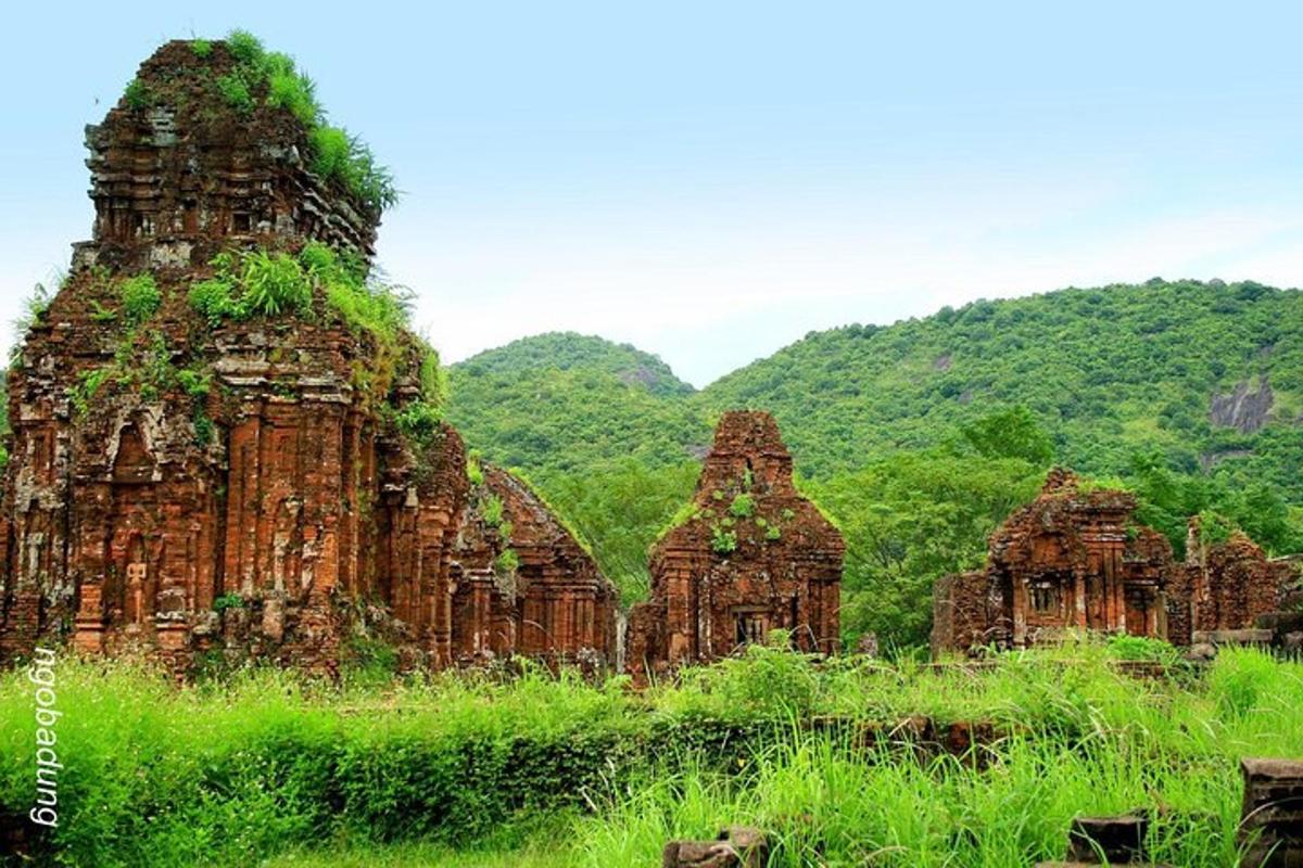 山々を背景にした野原にある寺院群