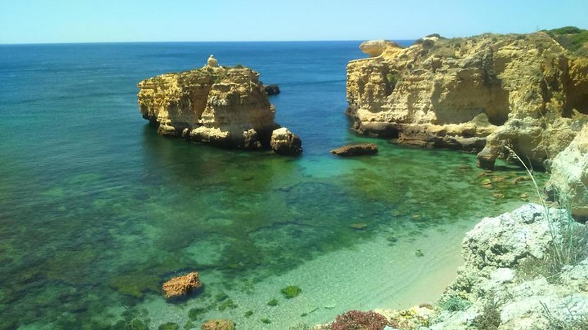 una vista di una spiaggia con rocce nell'acqua