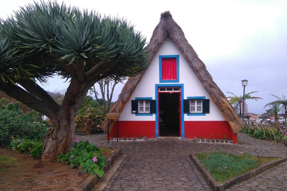 una petita casa vermella i blanca amb un arbre