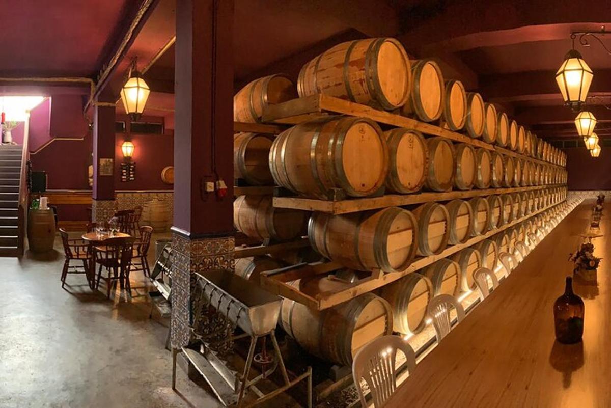 una grande stanza con un mucchio di botti di vino