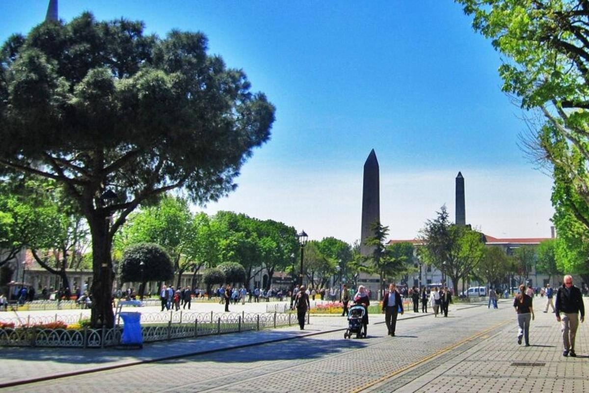 um grupo de pessoas caminhando por uma rua em um parque