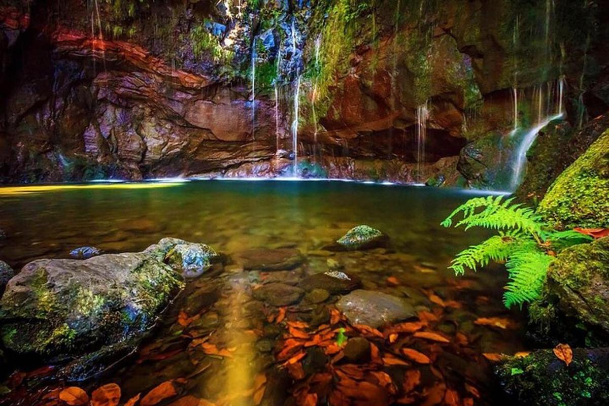 una pozza d'acqua di fronte a una cascata