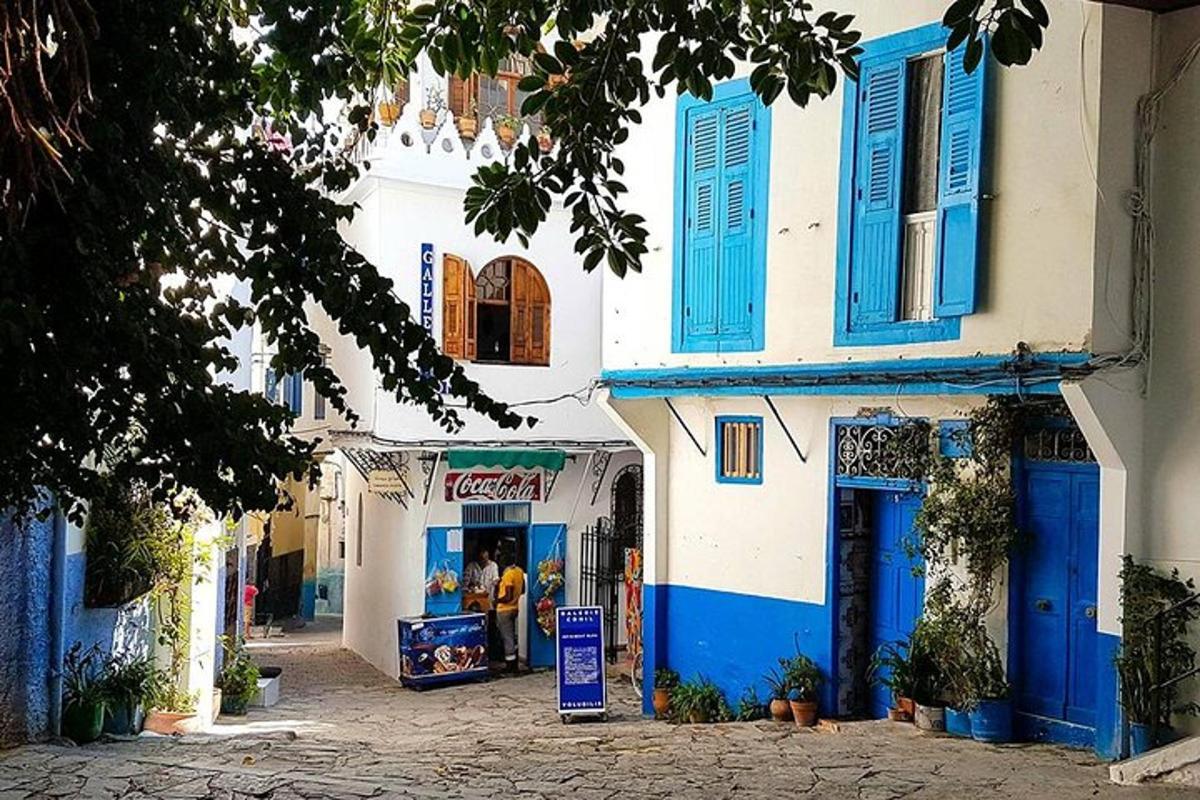 bangunan biru dan putih dengan bidai biru