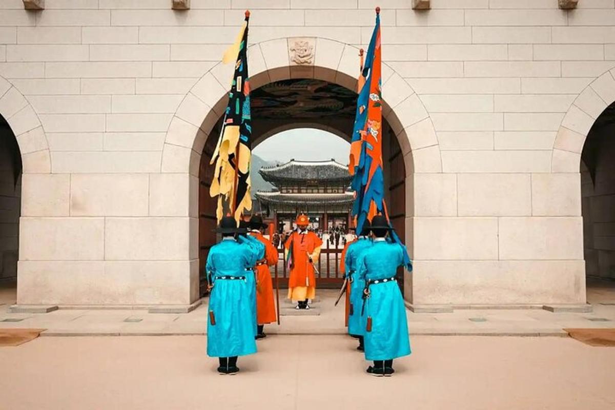 a group of men holding flags in front of a building