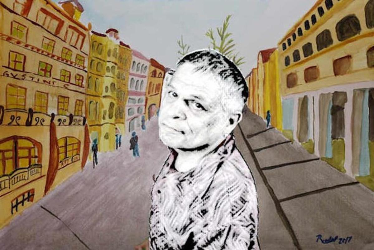 a painting of a man standing on a street