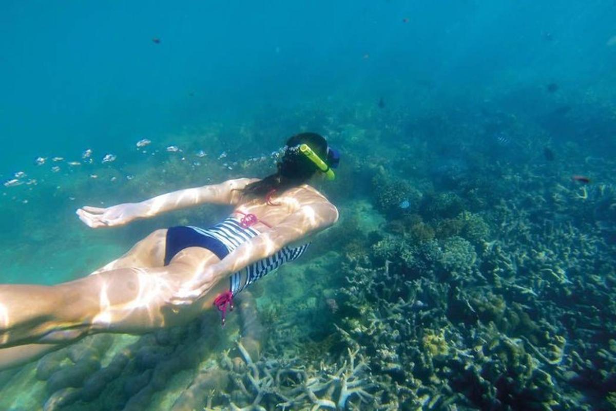 muž plave v oceánu s lahví na hlavě