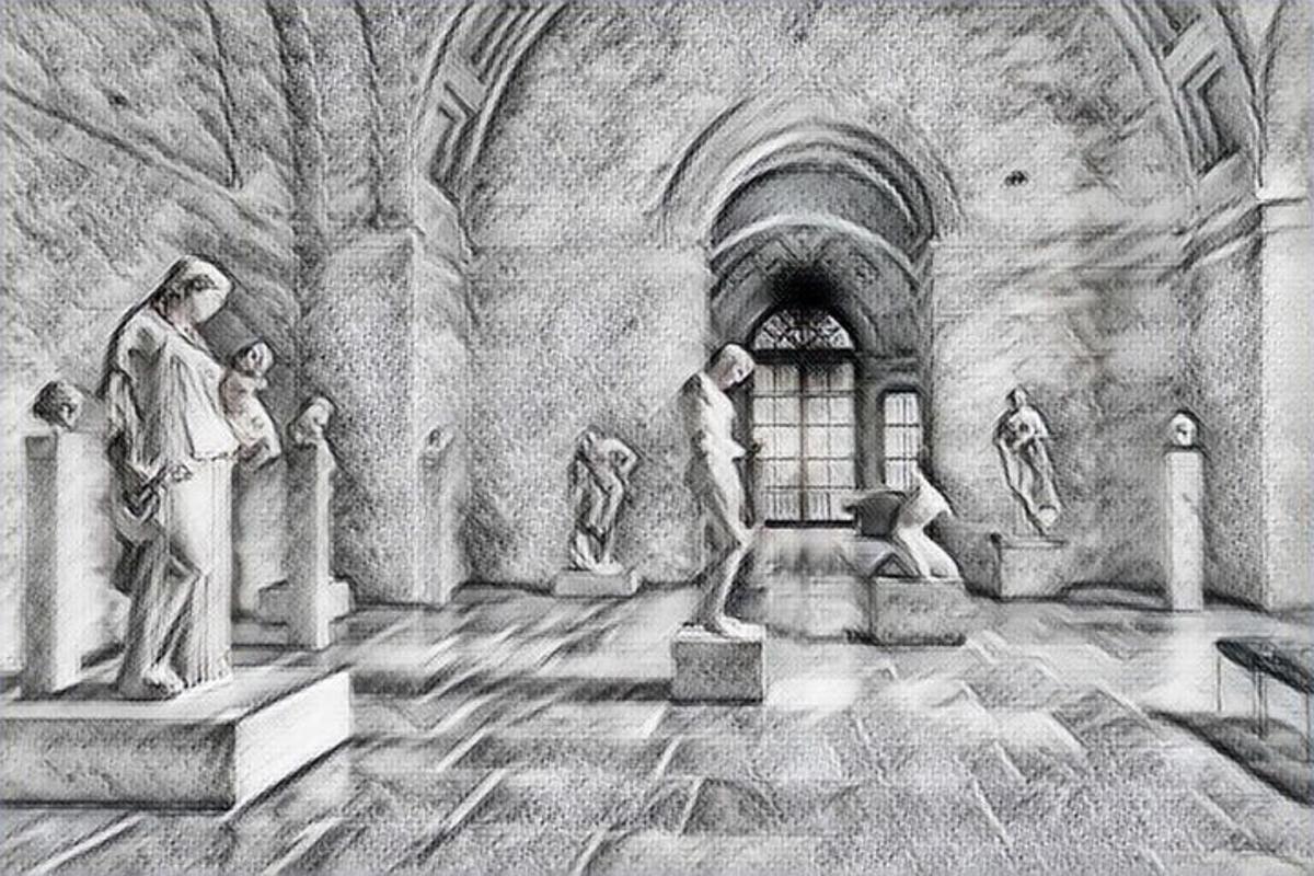 un disegno di una stanza con statue di persone