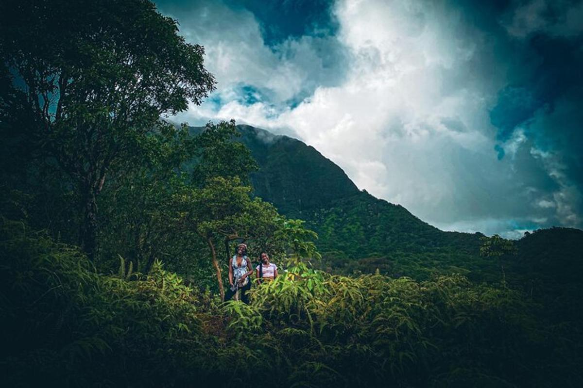 two people standing in the grass near a mountain