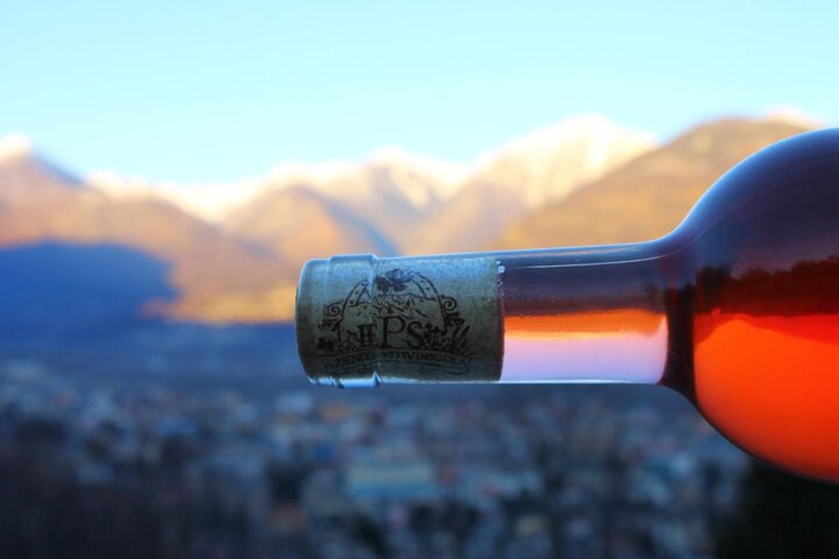 Una botella de vino con vistas a una ciudad.