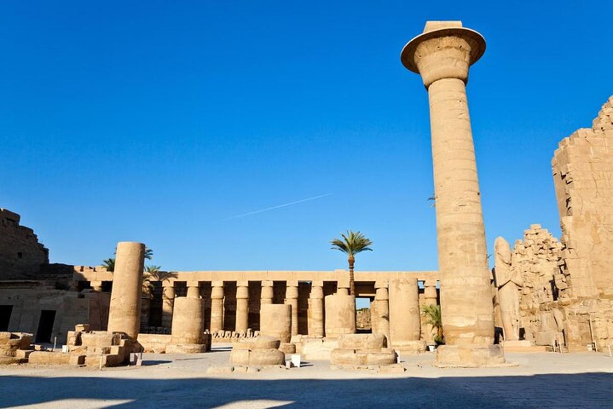 un edificio con una columna y una palmera