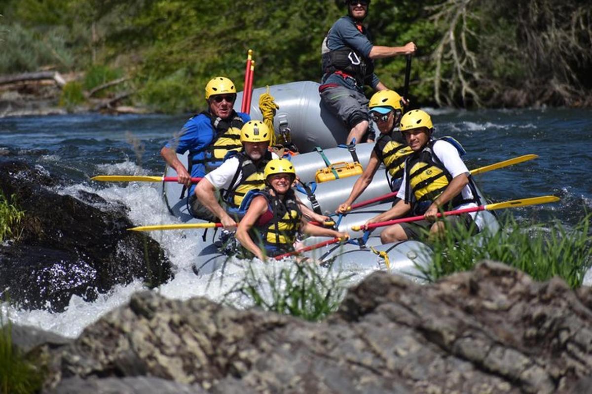 a group of people in a raft on a river