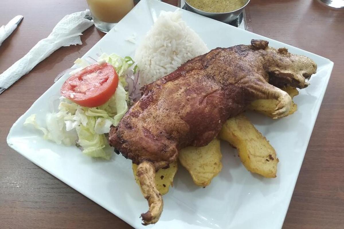 Un plato de comida con pollo y arroz.