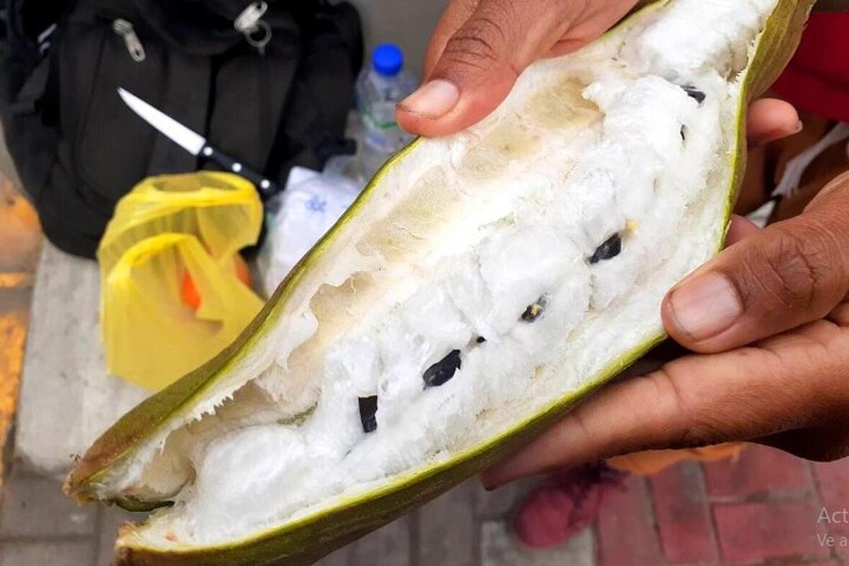 Una persona sostiene una pieza de fruta con sustancia blanca.