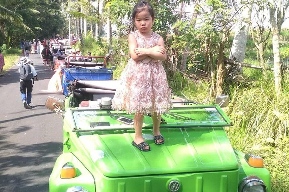 a little girl standing on the back of a car