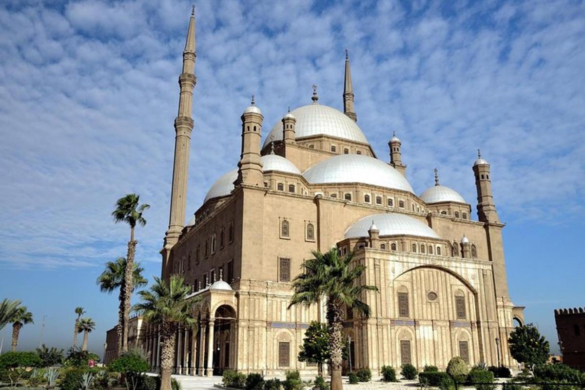 um edifício com uma mesquita com palmeiras na frente