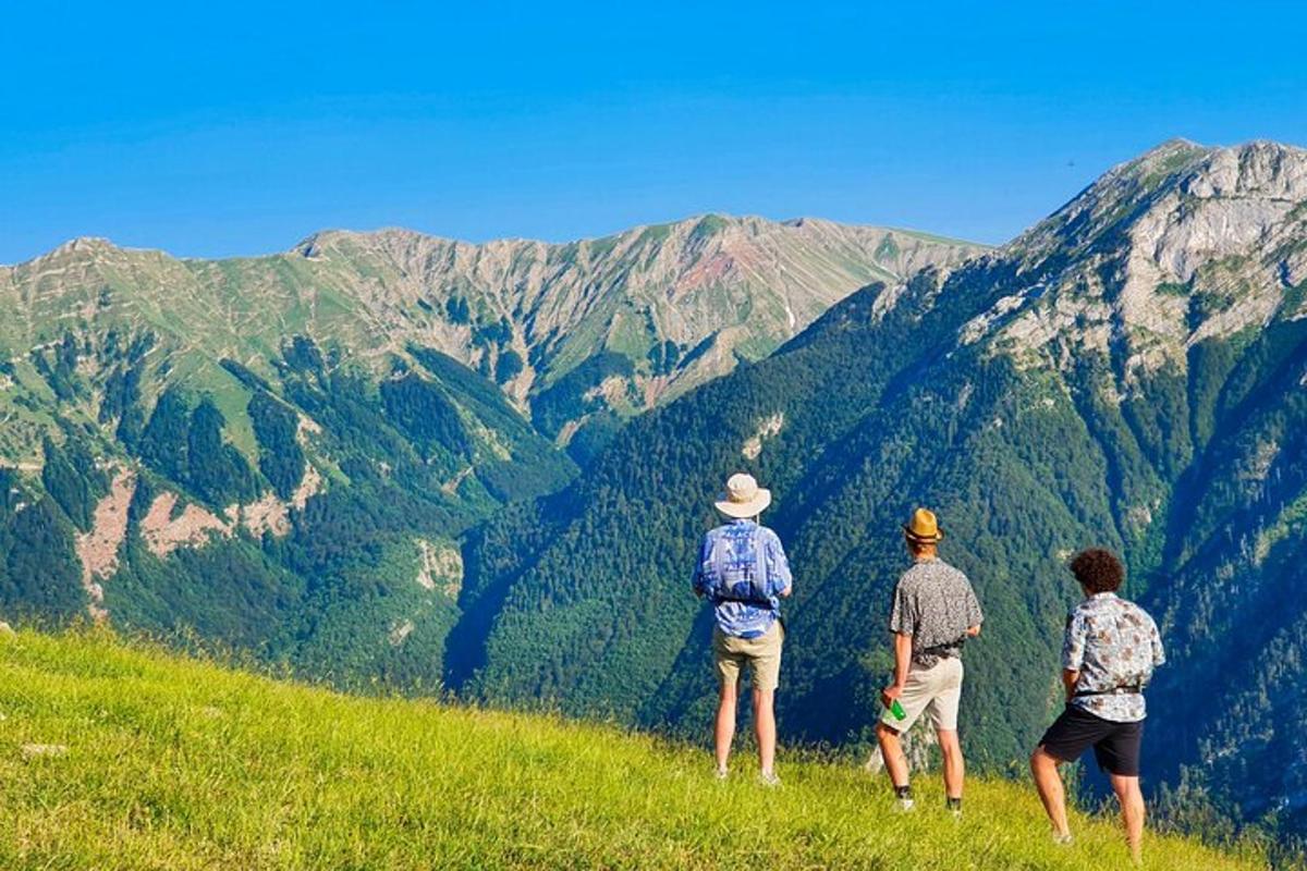 trije ljudje stojijo na hribu in gledajo v goro