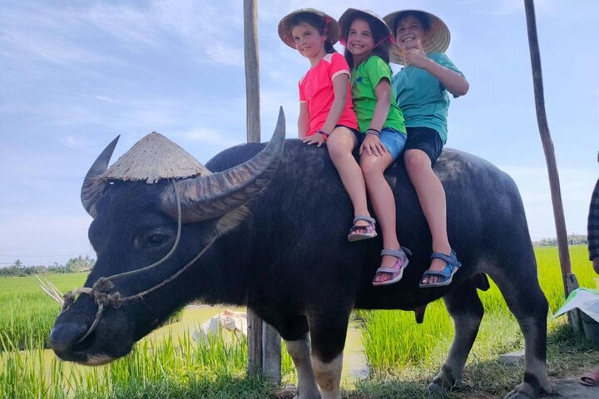 tiga orang gadis sedang duduk di atas seekor lembu jantan