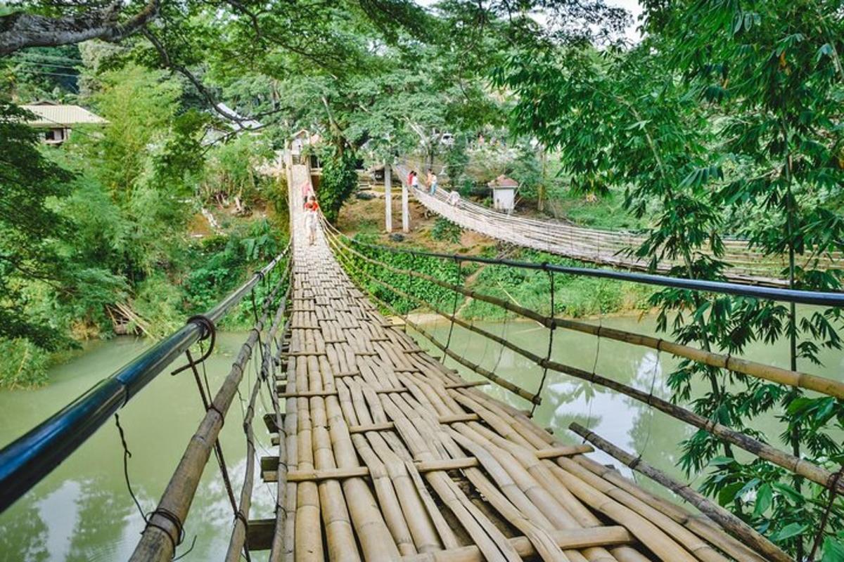uma ponte suspensa sobre um rio em uma floresta