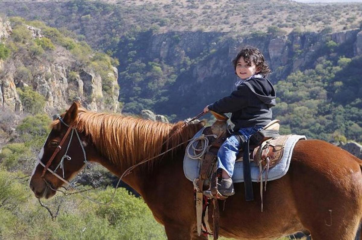un bambino piccolo che cavalca un cavallo