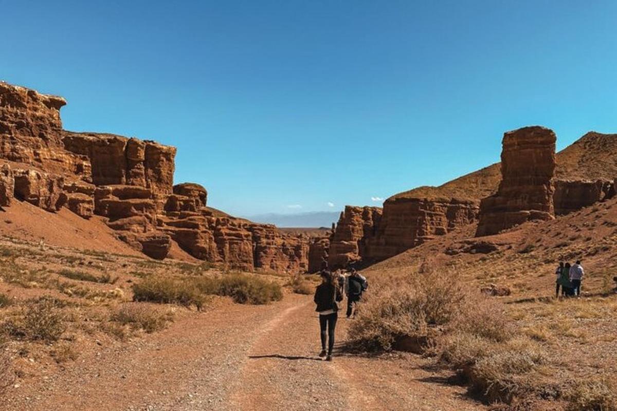 people walking down a dirt road in the desert