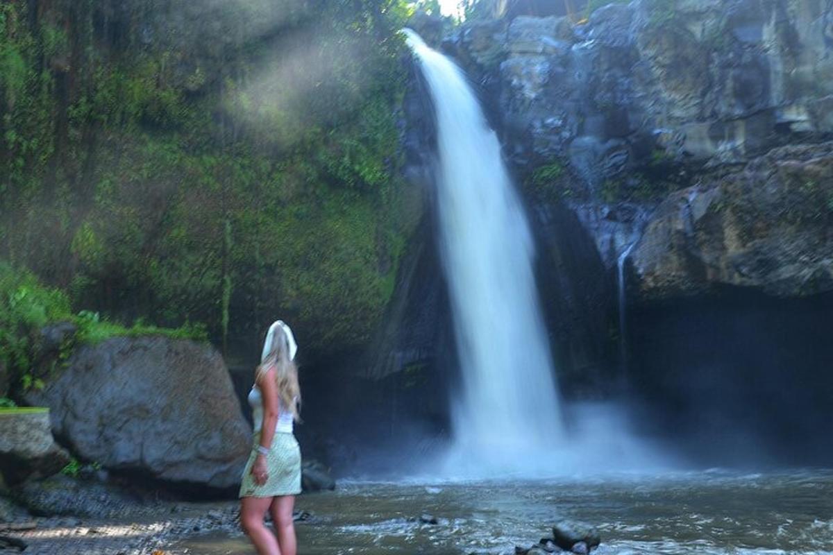 seorang wanita berdiri di hadapan air terjun