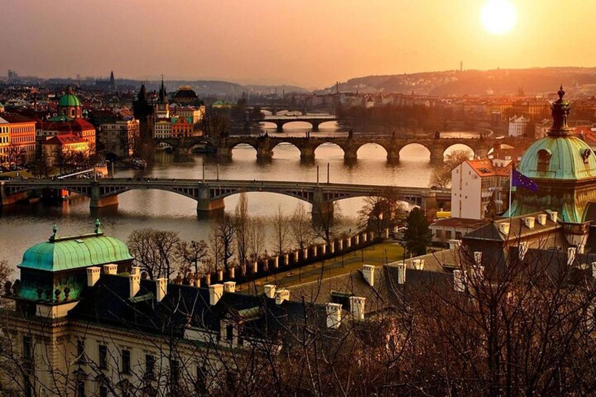 a view of a bridge over a river with a city