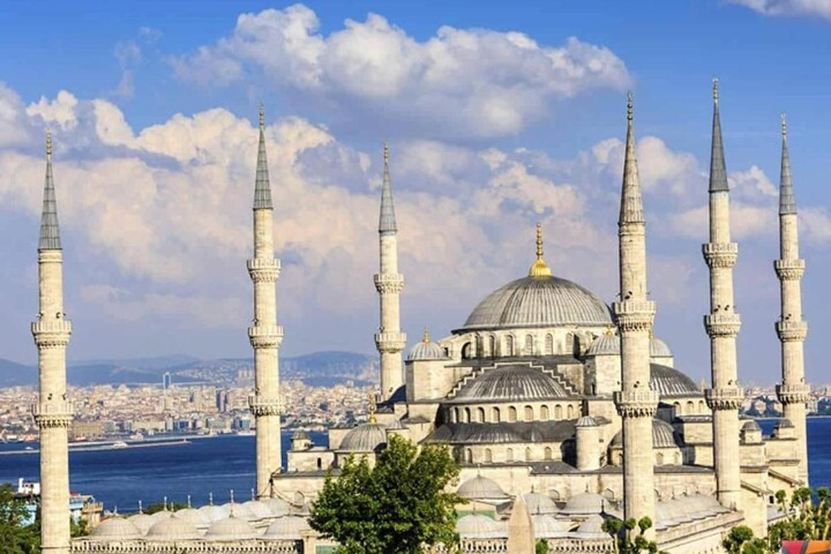 مبنى به قباب ومساجد مع مدينة في الخلفية