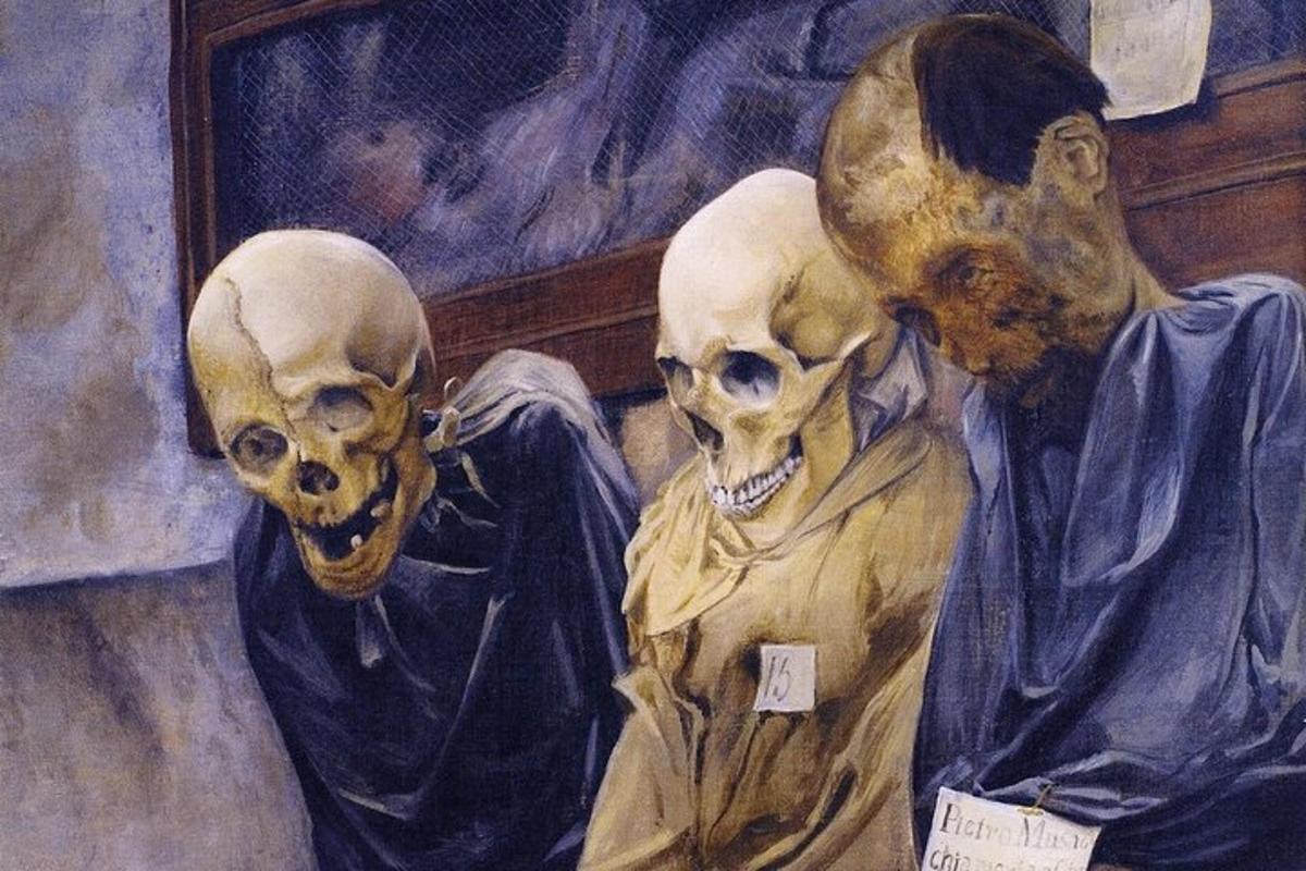거울 앞에 있는 세 개의 해골 그림