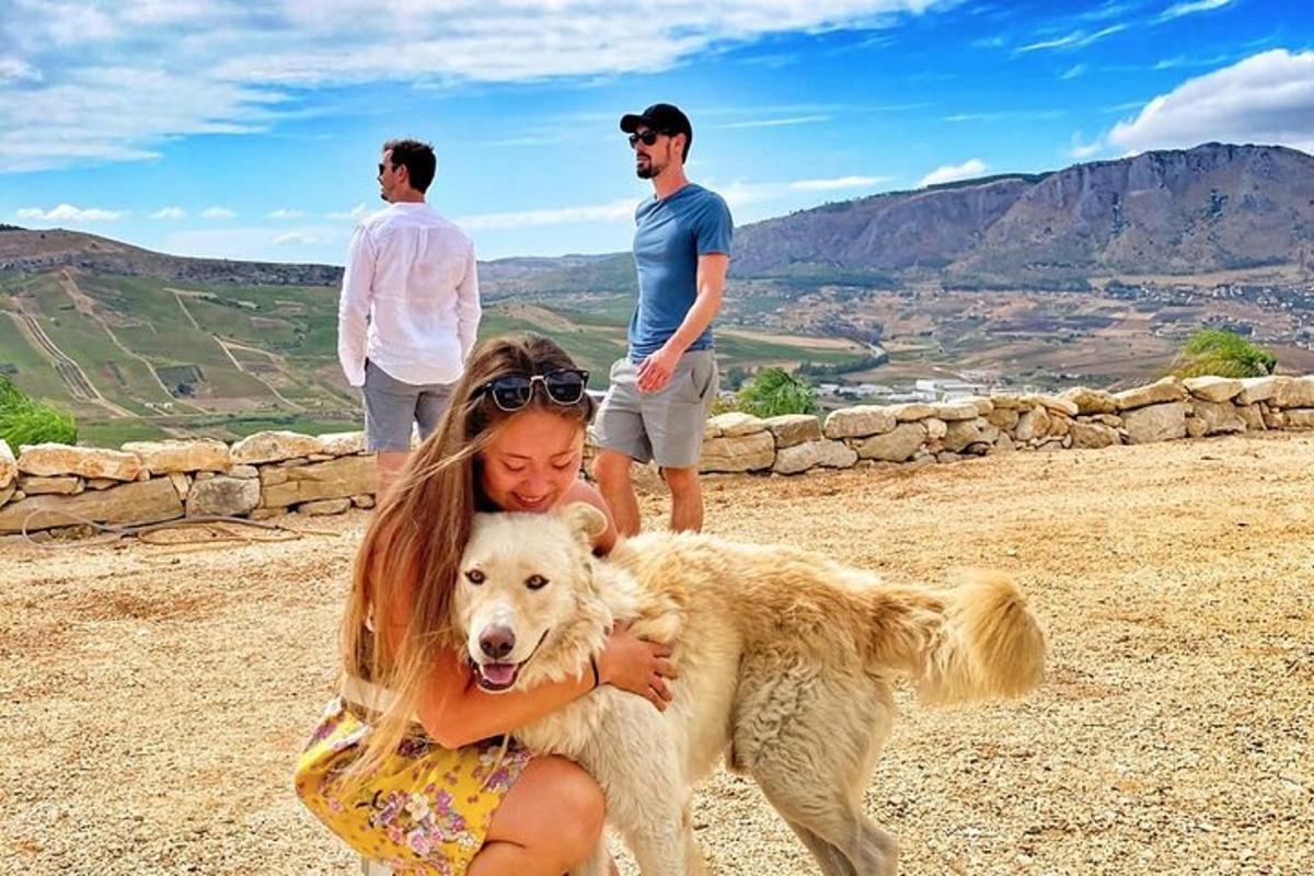 seorang gadis kecil memegang seekor anjing di atas bukit