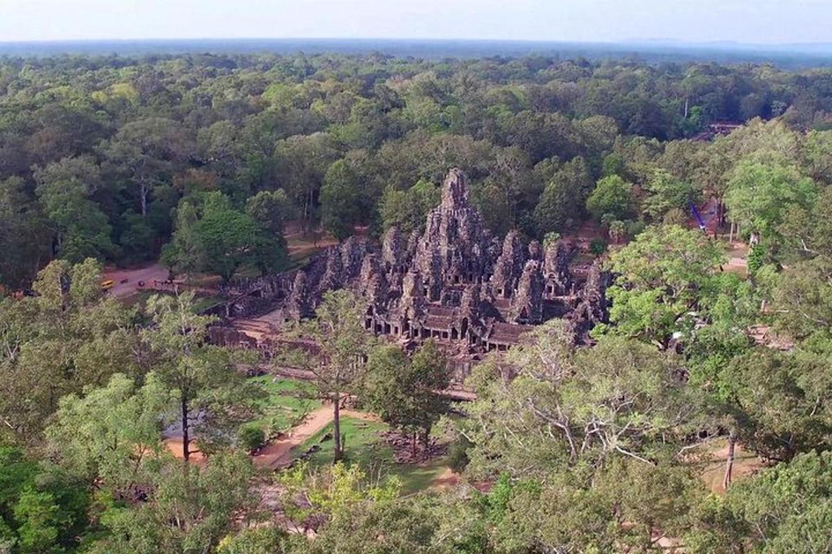 una vista aerea di una foresta con alberi e rocce