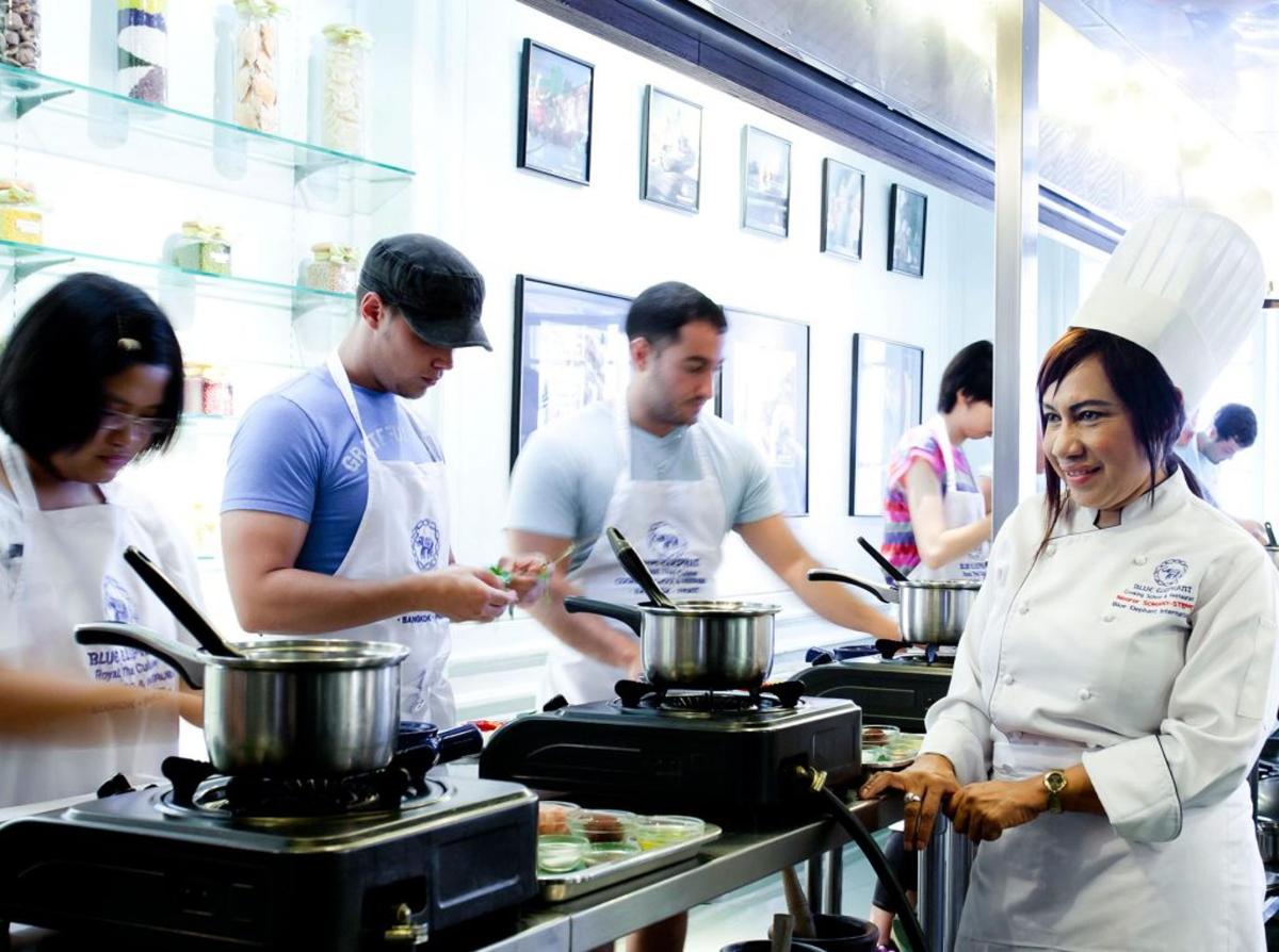a group of people in a kitchen preparing food